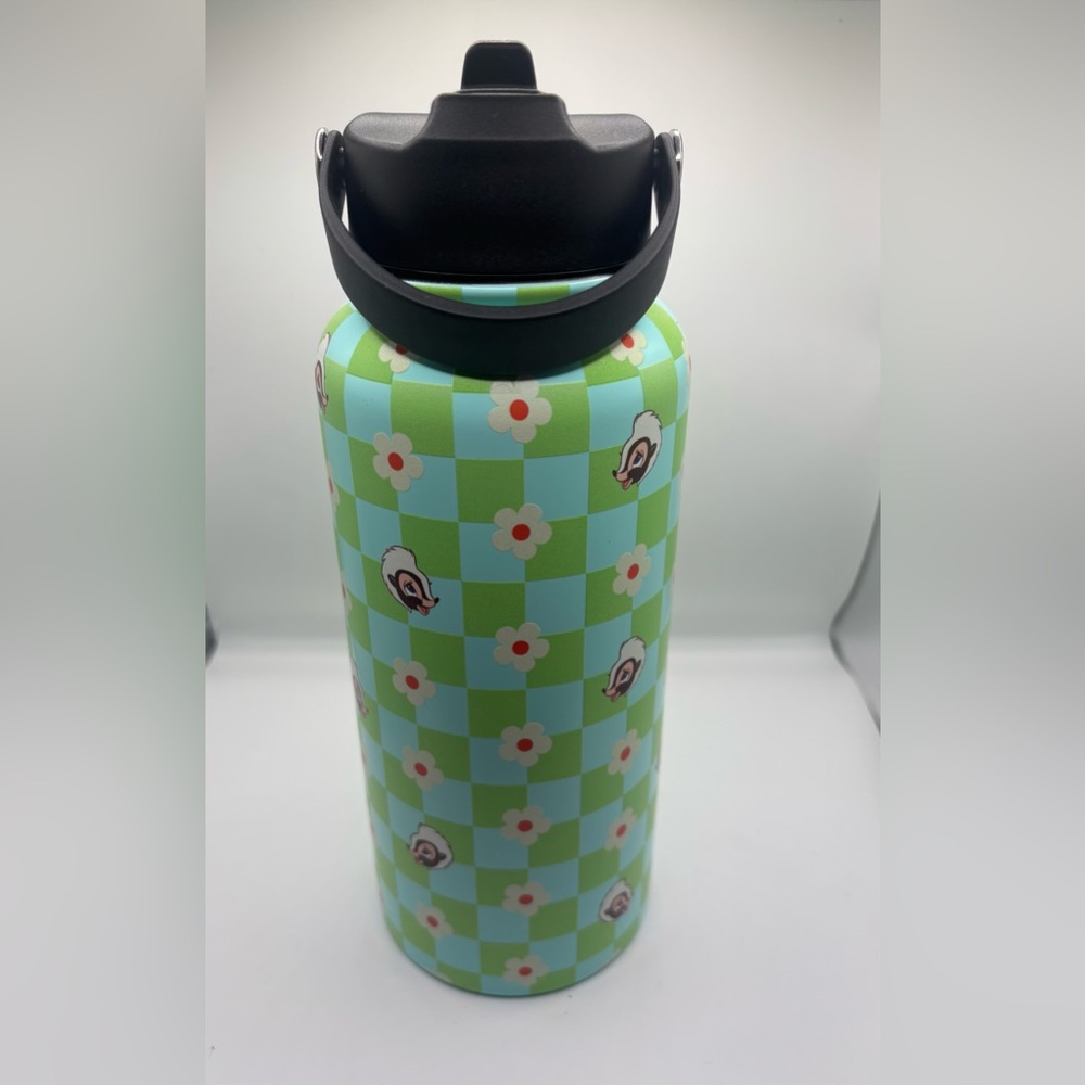 Green Checkered Water Bottle with Floral Design
